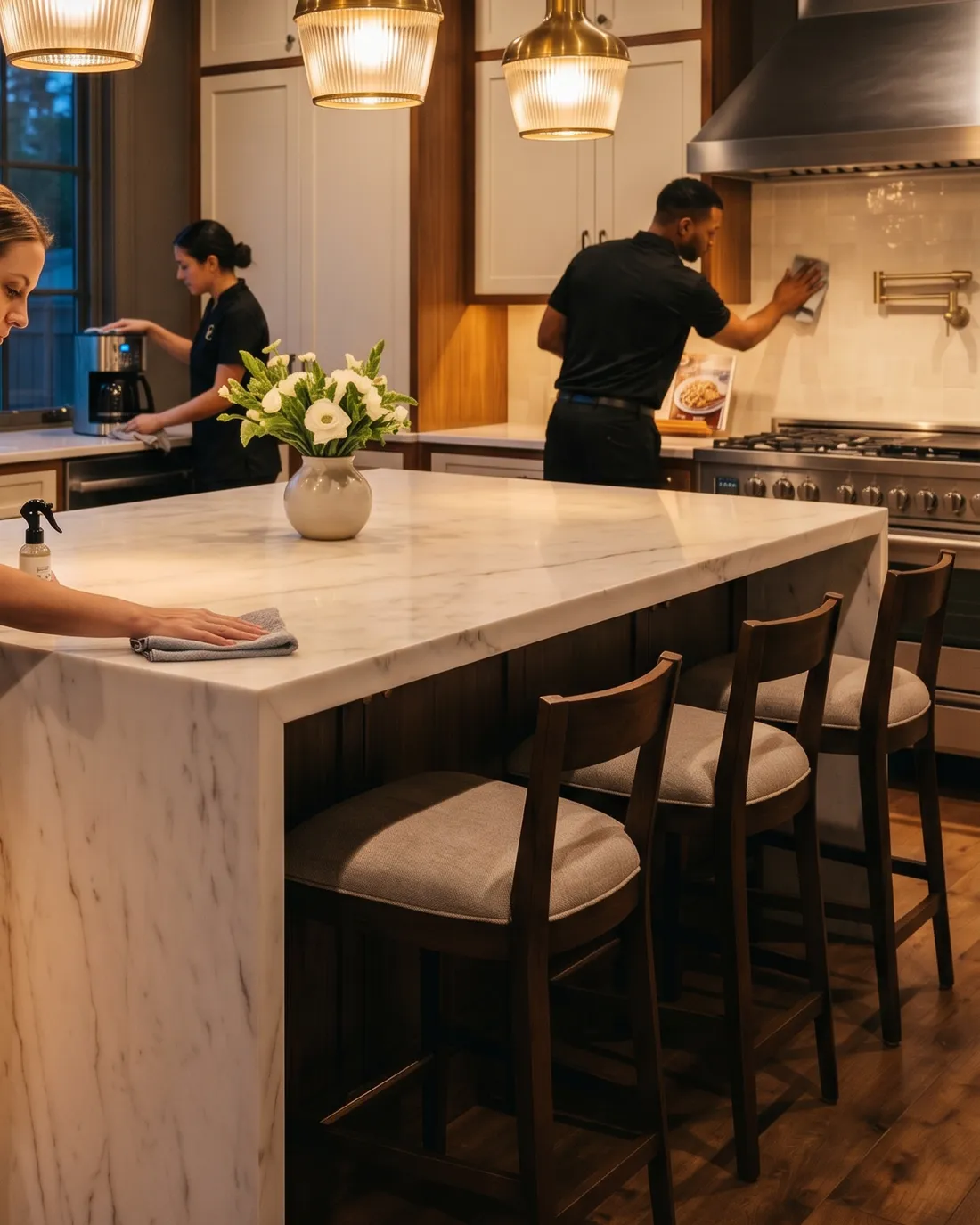 Spotless Pro Services crew detailing a luxury kitchen